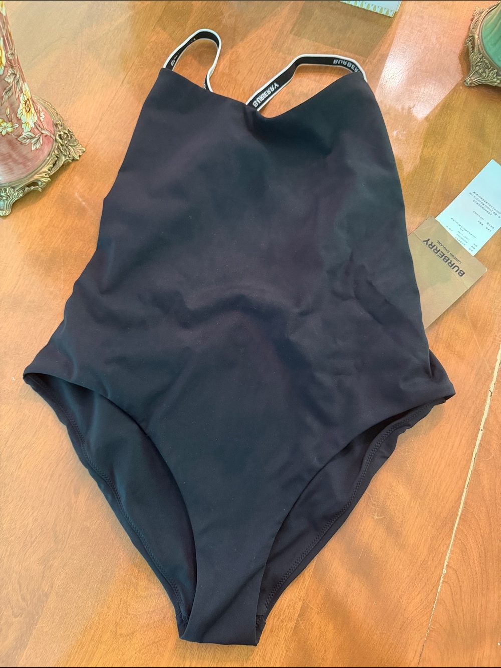 Burberry Black Logo-Trim One-Piece Swimsuit size Medium
